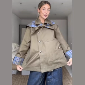 Veste Pour Femmes Avec Patchwork À Carreaux Revers Rétro Boutonné Coupe Ample Manteau Décontracté En Toile De Coton Avec Grandes Poches