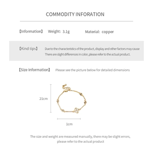Detailed dimensions of gold clover bracelet showing 21cm length and 1cm zircon pendant