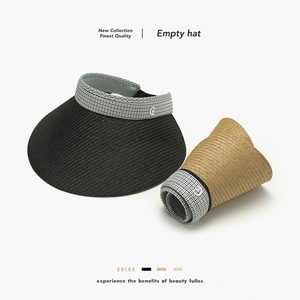 Women Summer Sun Visor Hat Paper Straw UPF 50 Plus UV Protection Foldable Empty Top Large Brim Outdoor Travel Plaid Trim
