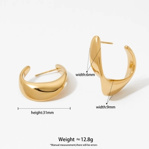 Minimalist golden C-shape stainless steel earrings with fluid irregular polished design