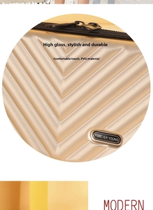 Detail of champagne gold mini suitcase crossbody bag with V-shaped texture and logo