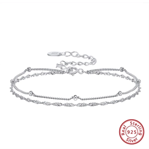 Double-layered 925 sterling silver beaded and twisted rope chain adjustable bracelet