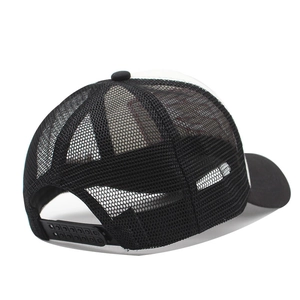 Classic black and white trucker hat with mesh back and adjustable snapback closure