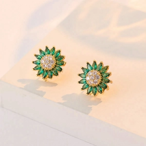 Green sunflower stud earrings with white crystal center and gold plated setting
