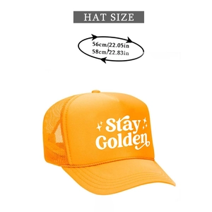Orange trucker hat detail showing Stay Golden text and adjustable 56cm-58cm sizing