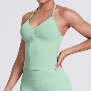 Detail of light green seamless sports vest with v-neck and ruched chest design