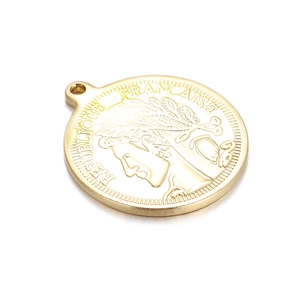 French coin pendant with 18K gold plating and embossed portrait on white background