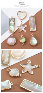 Macro detail of geometric shell pendants with gold plating for DIY jewelry crafting