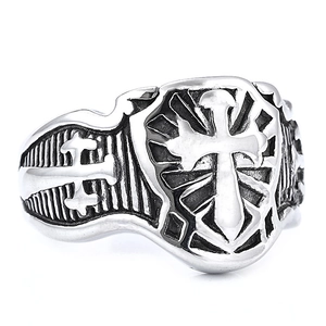 Vintage silver stainless steel ring with gothic cross and shield emblem for men