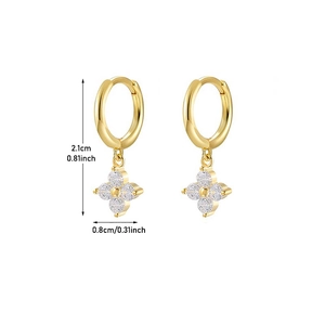 Detail view showing gold clover hoop earrings with crystal pavé and 2.1cm dimensions