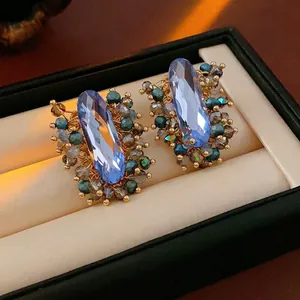 Vintage oval blue crystal earrings with multi-color beads for a luxury fashion look