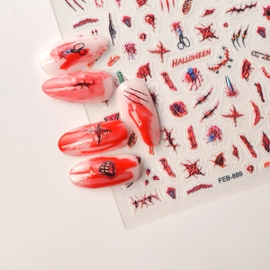 3D Halloween nail stickers with realistic bloody scars and stitches for scary manicure decor