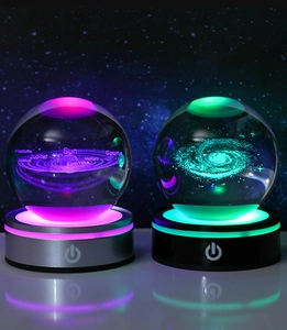 Close-up of 3D solar system and galaxy crystal balls with glowing LED light bases