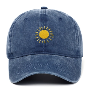 Vintage washed navy baseball cap featuring yellow sun embroidery with a distressed look