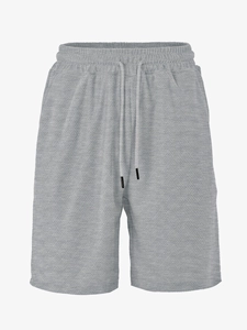 Detailed close-up of grey jacquard textured knit fabric on casual men's shorts