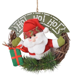 Christmas Santa wreath with plush doll pine needles and Ho Ho Ho wooden sign on vine ring