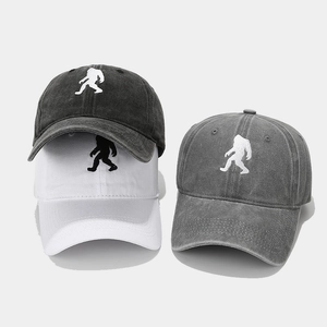 Vintage washed cotton baseball cap with Bigfoot embroidery in black, white and grey