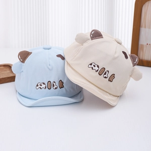 Soft cotton baby sun caps with milk embroidery and cute 3D ears in blue and cream