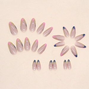 Long almond press-on nails featuring nude base and colorful French abstract oil painting tips