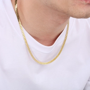 Minimalist golden flat NK Cuban chain necklace for men in polished stainless steel