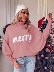 Pink high-neck Christmas knit sweater for women with batwing sleeves and merry print