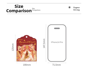 Size comparison chart showing PET stickers vs iPhone 14 Pro for scale in millimeters