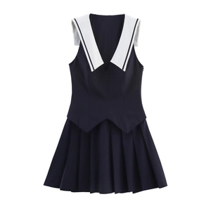 Sailor Collar Pleated Mini Dress Polyester Sleeveless High Waist Preppy Japanese School Style Contrast Color Women