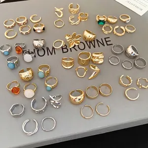 Geometric Irregular Open Rings Alloy Resin Inlay Minimalist Adjustable Fashion Jewelry Gold Silver Tone Women