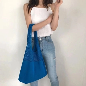 Minimalist blue knit mesh tote bag for women with large capacity and hollow texture