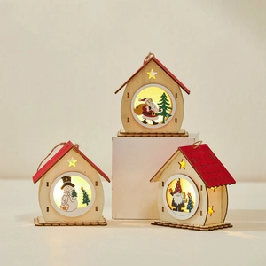 Three illuminated Christmas wooden house ornaments with Santa, Snowman, and Gnome designs