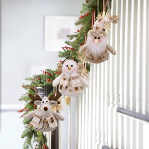 Three Christmas plush ornaments with Santa, Snowman and Reindeer on festive stairs