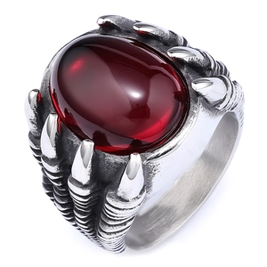 Retro punk gothic dragon claw ring with red gemstone in polished silver stainless steel