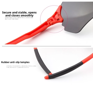 Detail of red sports sunglasses featuring gray lenses and black anti-slip rubber ear pads