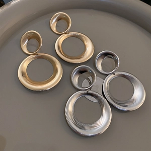 Textured Double Hoop Drop Earrings With Steel Earring Post Geometric Metallic Statement Jewelry For Women
