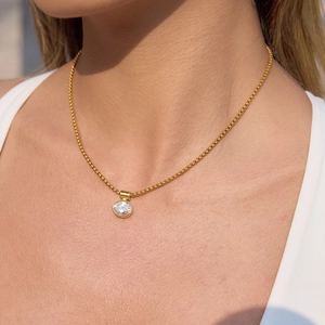 18K gold plated stainless steel box chain necklace with a white egg-shaped zircon pendant