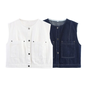 Sleeveless denim vests in white and dark blue with front metal buttons and large pockets