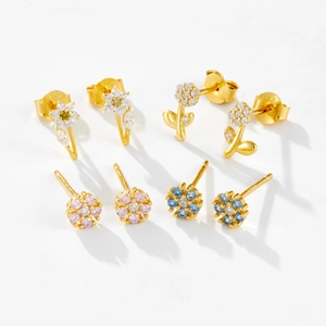 Set of four S925 silver flower stud earrings with colorful zircon stones in gold finish