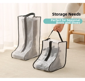 Detailed view of portable transparent mesh shoe storage bags in long and short sizes