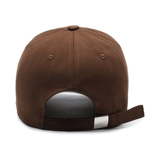 Rear view of brown cotton baseball cap with adjustable metal buckle and embroidery