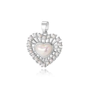 Silver hollow heart pendant with large center pearl and zircon accents on white background