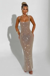 Detail of champagne gold sequined mesh fabric and square neck design on long evening dress