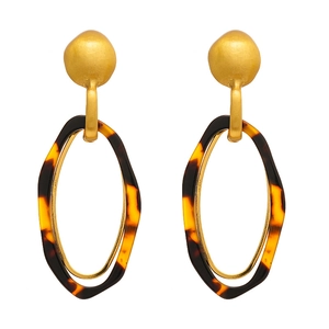 Retro leopard resin oval earrings with matte gold studs and tortoiseshell hoop details