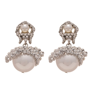 Elegant silver earrings with large white pearls and sparkling diamond mesh setting