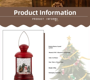 Macro detail of red vintage Christmas lantern snow globe with snowman and deer scenery