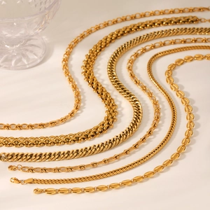 18K gold plated stainless steel necklace set featuring Cuban, rope, and bead chain styles