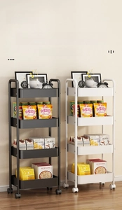 Detail of four-tier carbon steel rolling cart with lockable wheels and mesh baskets