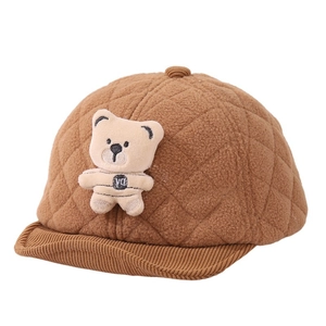 Brown plush baby baseball cap featuring a 3D teddy bear and quilted texture