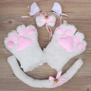 Ensemble cosplay chat en peluche blanche avec oreilles, gants pattes, queue et collier