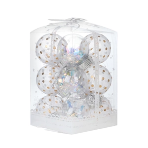 9-piece set of transparent and gold glitter Christmas tree ornaments in a gift box