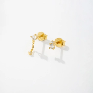 Minimalist S925 sterling silver gold stud earrings with chain and sparkling zircon
